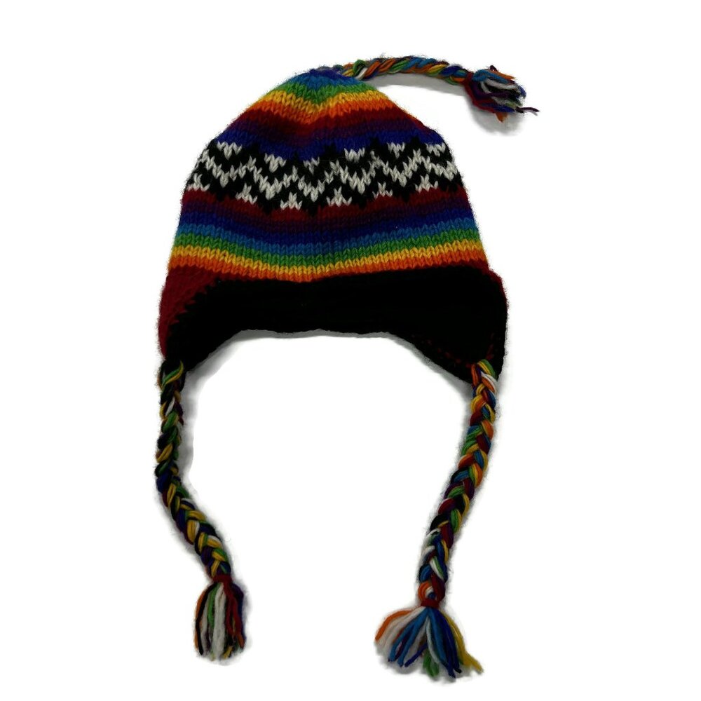 Cold Winter Multicolor Hat‎ Nepal Beanie Rainbow Pigtails Wool Knit Stripe